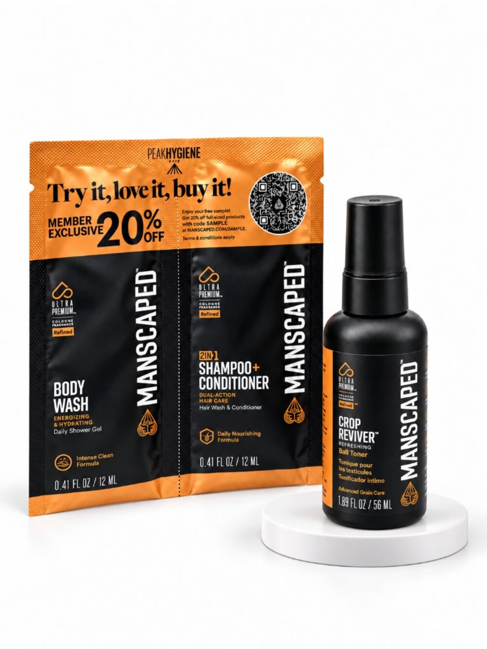 Manscaped Crop Reviver Ball Toner 1.89oz Refined + Shampoo Body Wash Samples NWT